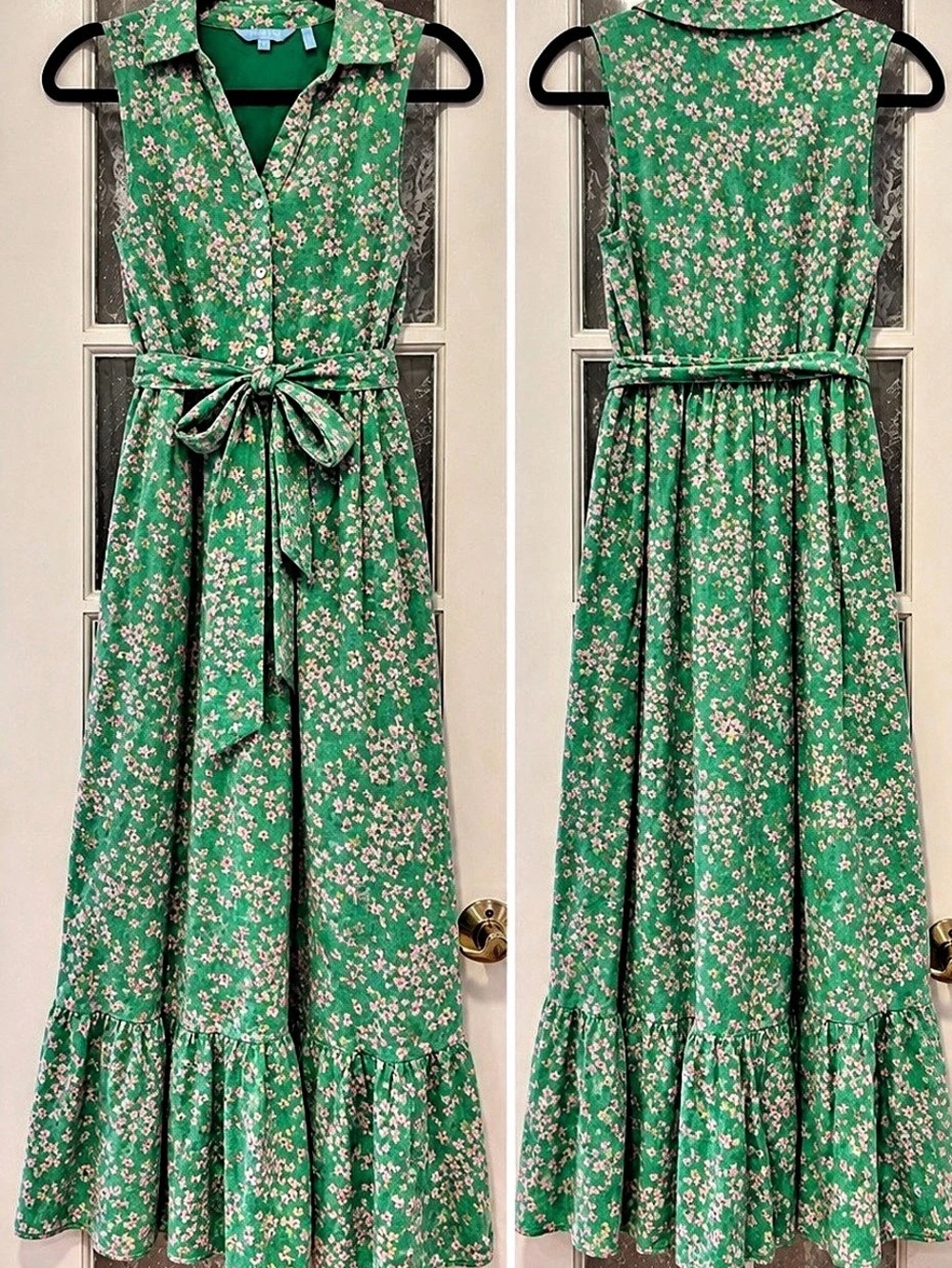 Draper James RSVP Green Pink Floral Maxi Dress Size S Belted Pockets Cottagecore